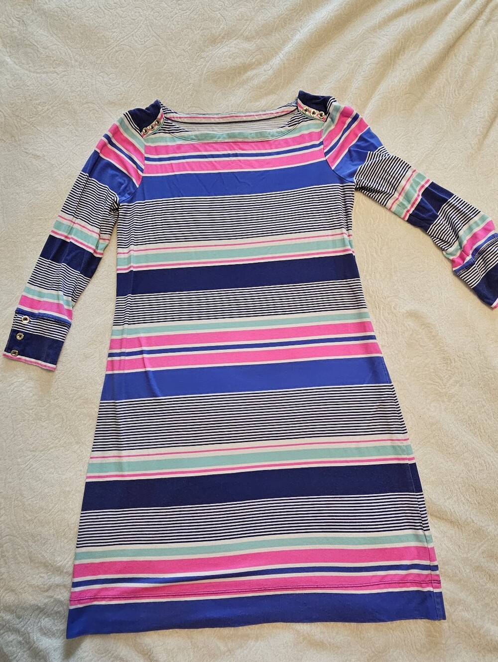 Lilly Pulitzer Sophie Dress Womens Medium Striped Boatneck Gold Buttons